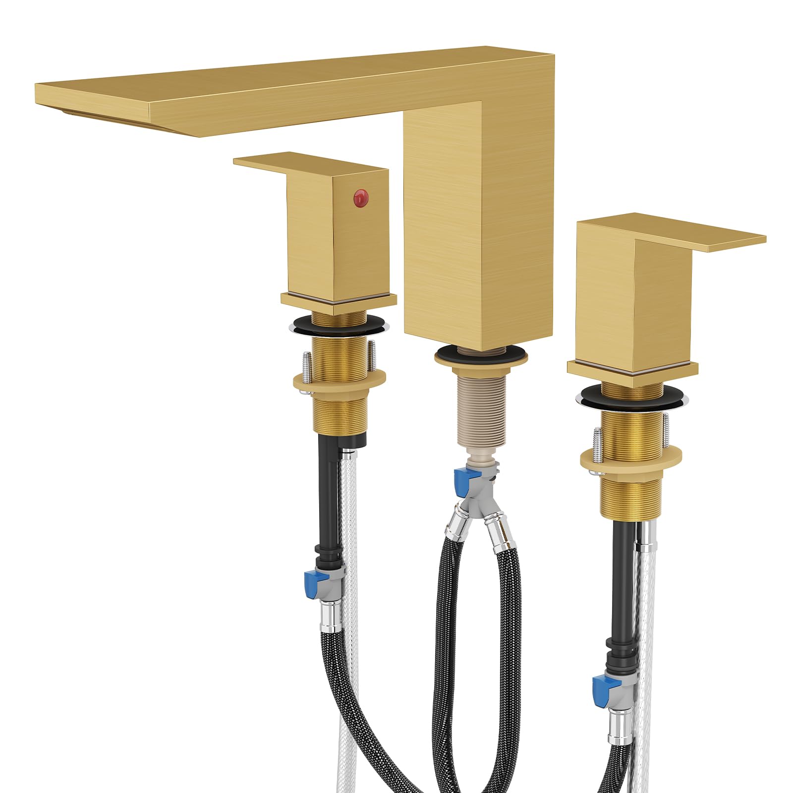 Photo 1 of BESy Waterfall Roman Tub Faucets, Deck Mount Bathtub Faucets Set, Garden 3 Holes Two Handles Widespread Bath Tub Filler Tub Faucets with Valve, cUPC Supply Hoses, Brushed Gold