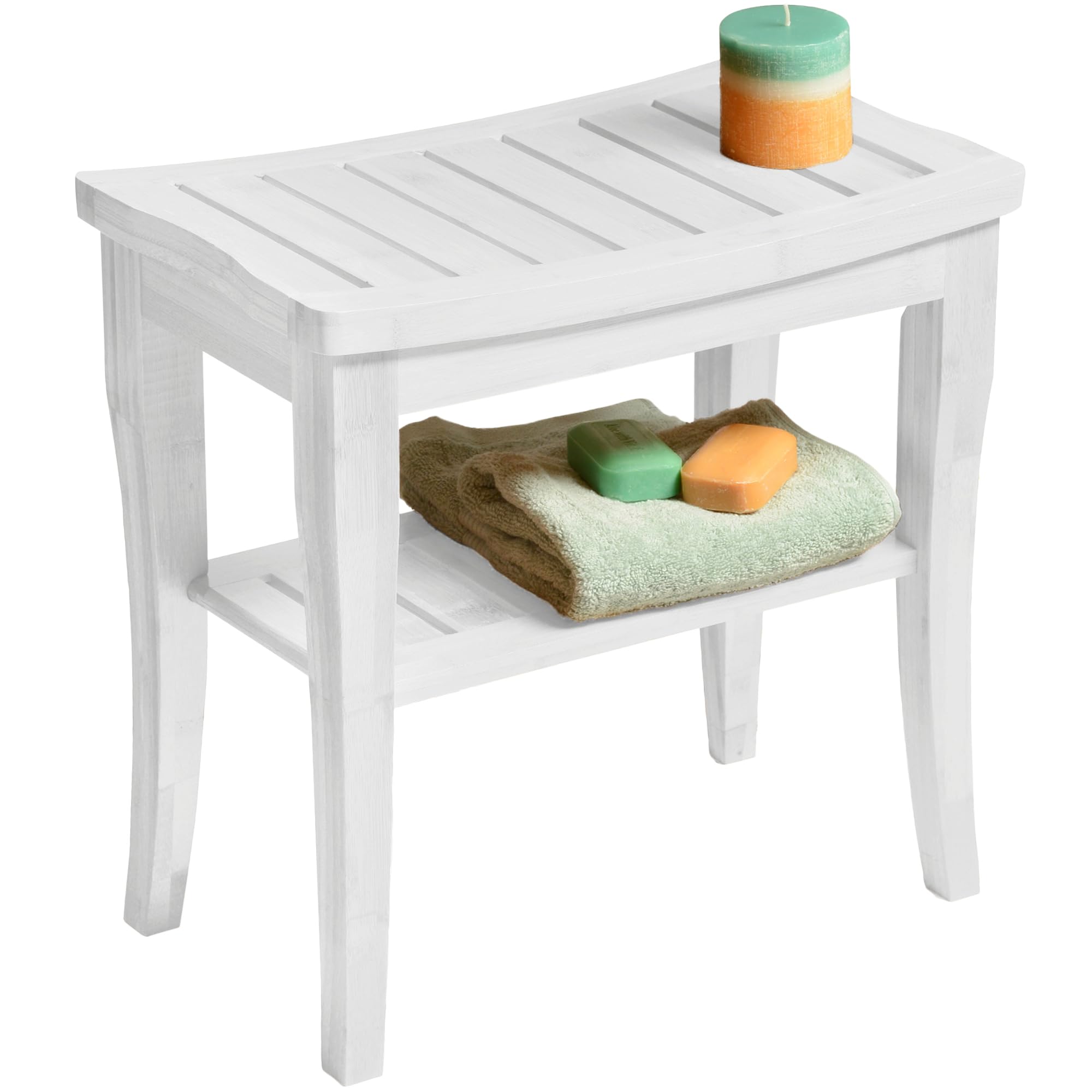 Photo 1 of White Shower Bench - Small Wooden Shower Stool with Storage Shelf, Non-Slip Bathroom Seat, Spa Decor Bath Bench, Foot Rest Shaving Stool for Shower, Indoor Outdoor Use, Great Gift Idea (17" x 9 x 17)