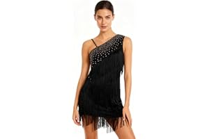 IWEMEK Asymmetric One Shoulder Latin Dance Dress for Women Rhinestones Fringe Dress 1920s Tassel Flapper Ballroom Dancewear