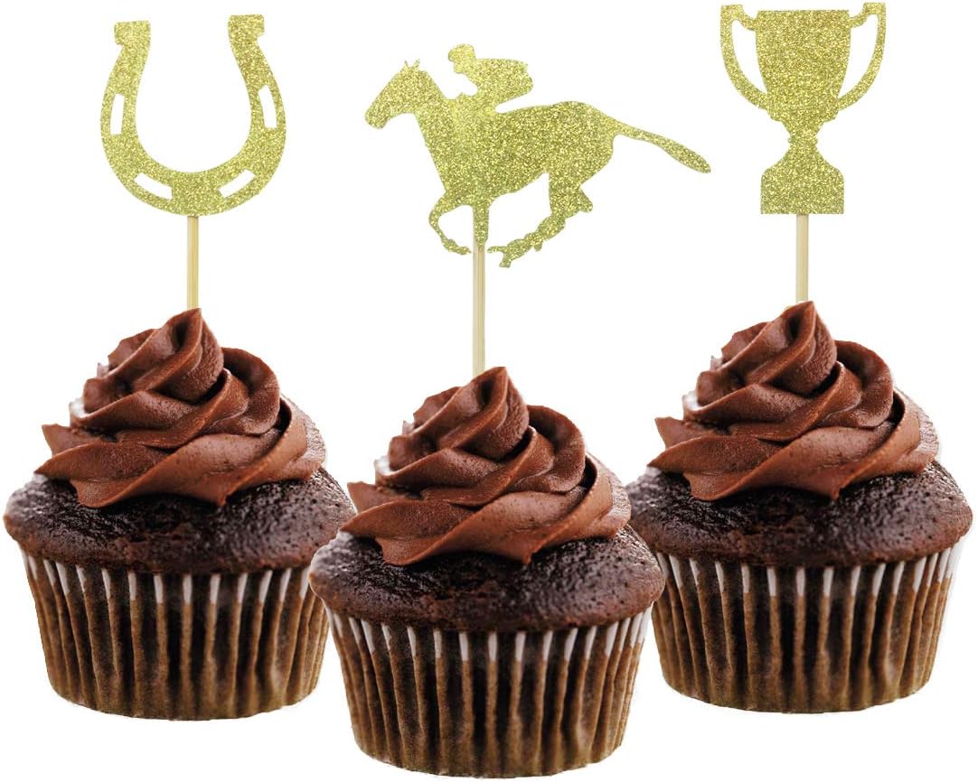 Morndew 24 PCS Equestrian Horse and Golden Cup Cupcake Toppers for Theme Party Baby Shower Birthday Party Decorations
