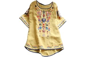 LMDUDAN Cotton Linen Tops for Women 2024 Summer Boho Embroidered Mexican Blouse Plus Size Casual Crewneck Tee Shirts Tunics