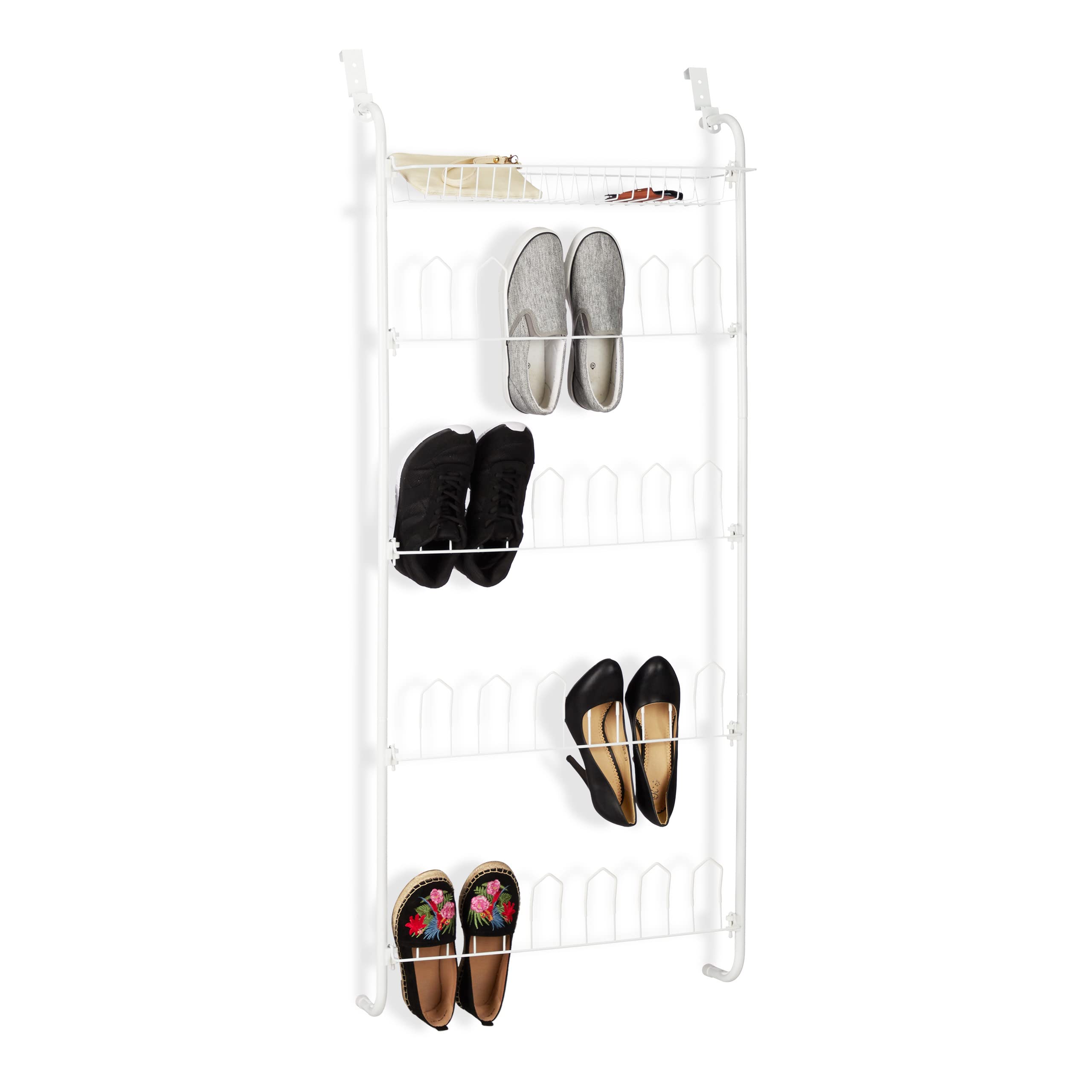 Relaxdays Door Shoe Shelf, 12 Pairs, Basket, Hanging 4-Tier Shoe Organiser, Iron, HWD: 144 x 60 x 19 cm, White
