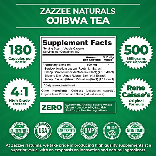 Zazzee Extra Strength Ojibwa Tea 500 mg, 180 Vegan Capsules, Rene