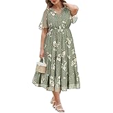 RITERA Plus Size Summer Dresses Short Sleeve V Neck Flowy Midi Dress Chiffon Boho Floral Beach Party Wedding Guest Dress