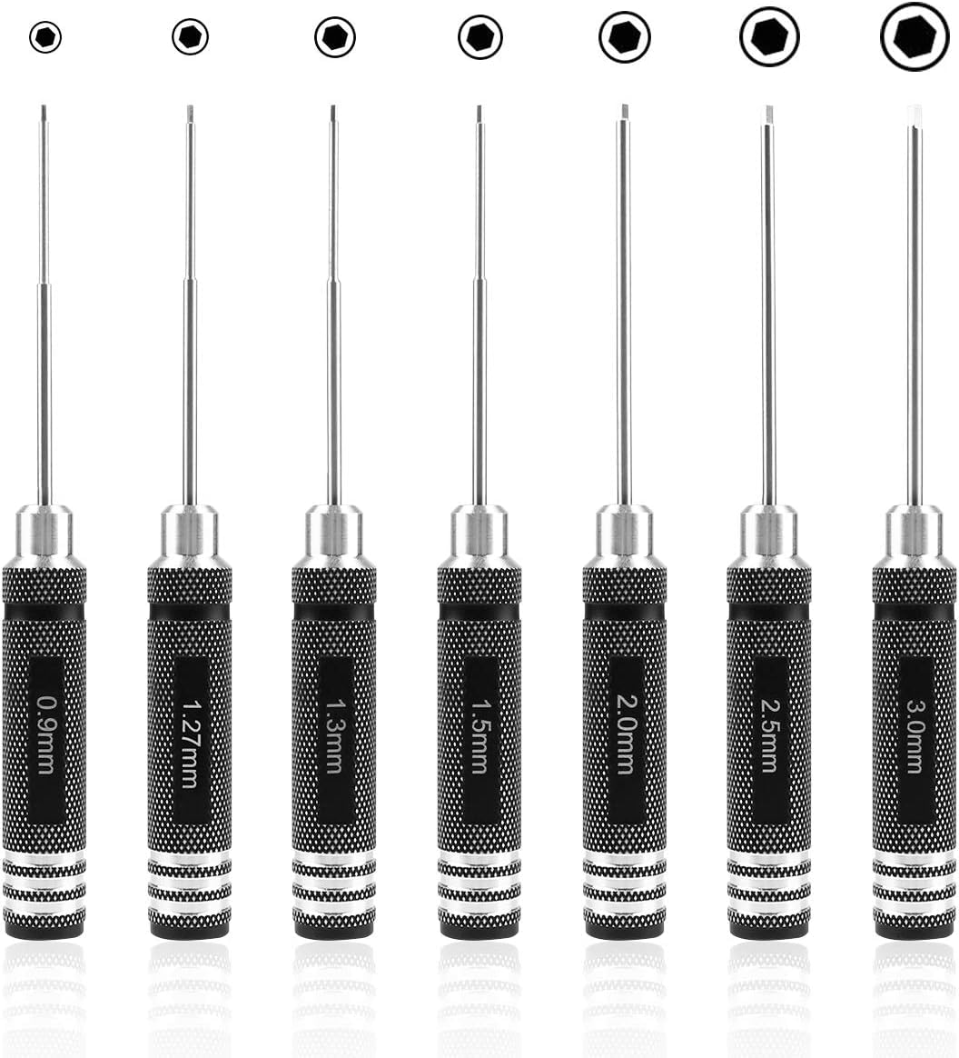 Gruiqrd 7pcs Hex Screwdriver, RC Screwdriver Tools Kit Set, Hex Driver Set (0.9mm 1.27mm 1.3mm 1.5mm 2.0mm 2.5mm 3.0mm) for RC Car Boat Quadcopter Helicopter Multirotors Models