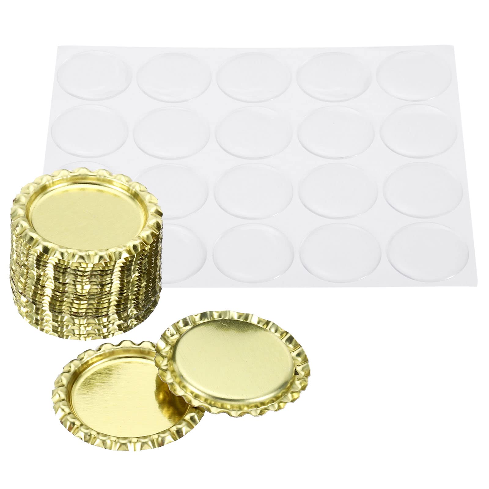 PATIKIL 1 Inch Flat Decorative Bottle Caps, 20 Set Craft Bottle Pendant Trays Double Sides Printed with Clear Resin Stickers for DIY Craft, Gold Tone