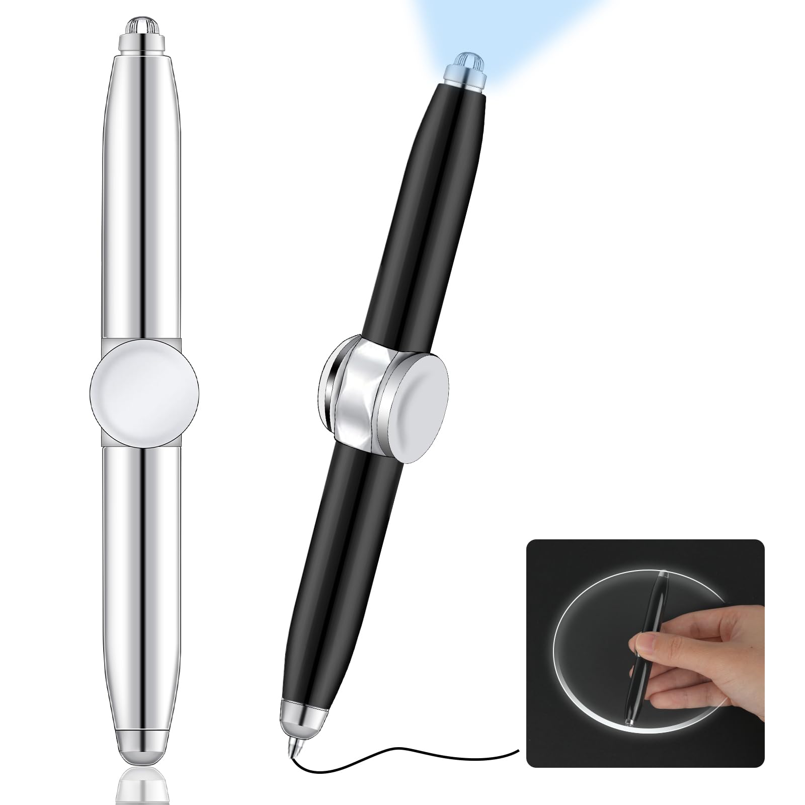 AUAUY 2PCS Spinning Pen with LED Light, Multi-functional Fidget Pen, Help Thinking & Relieve Stress Ballpoint Pen, Rotating Relieve Anxiety Gift Pen for Business Adults Students Kids-Black & Silver