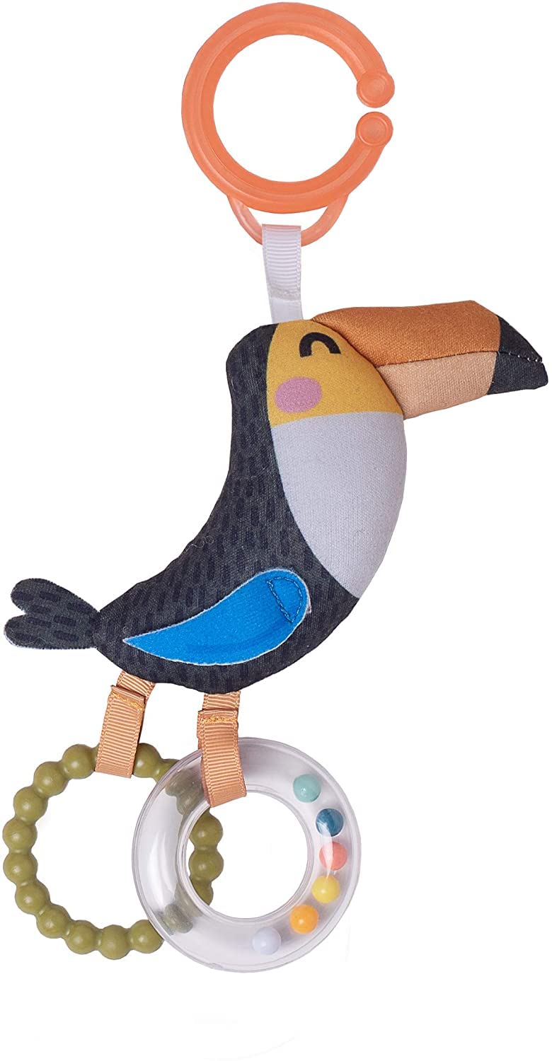 Taf Toys Tuki Toucan Plush Baby Sensory Toy. Includes Clear Rattle Ring, and Crinkling Texture Beak. Attach to Cot or Pram. 0 month +