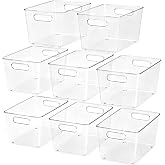 JOYZAN Plastic Storage Bins with Handle Clear Containers for Organizing | Under Sink Organizer Clear Storage Basket for Kitchen, Bathroom, Pantry, Cabinet, Closet, Easy to Move 8 Pack