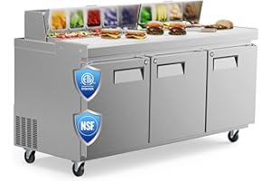 MOJGAR ETL & NSF Certified 72" W 3 Door 35 Cu.Ft Commercial Sandwich Salad Pizza Prep Table Refrigerator,Stainless Steel Food Prep Station Fridge,Condiment Cooler with Cutting Board, 3 Shelves 18 Pans