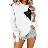 FRYAID Cat Sweatshirt Women Funny Black Cat Graphic Sweater Casual Cat Crewneck Holiday Long Sleeve Hoodie Pullover Top