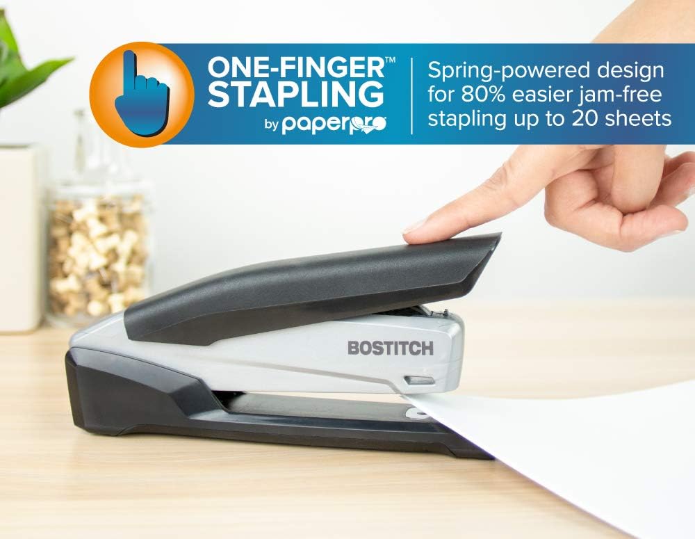 Bostitch Office Executive Stapler - 3 in 1 Stapler - One Finger, No Effort, Spring Powered Stapler, Black/Gray (INP20), 20 Sheets : Office Products