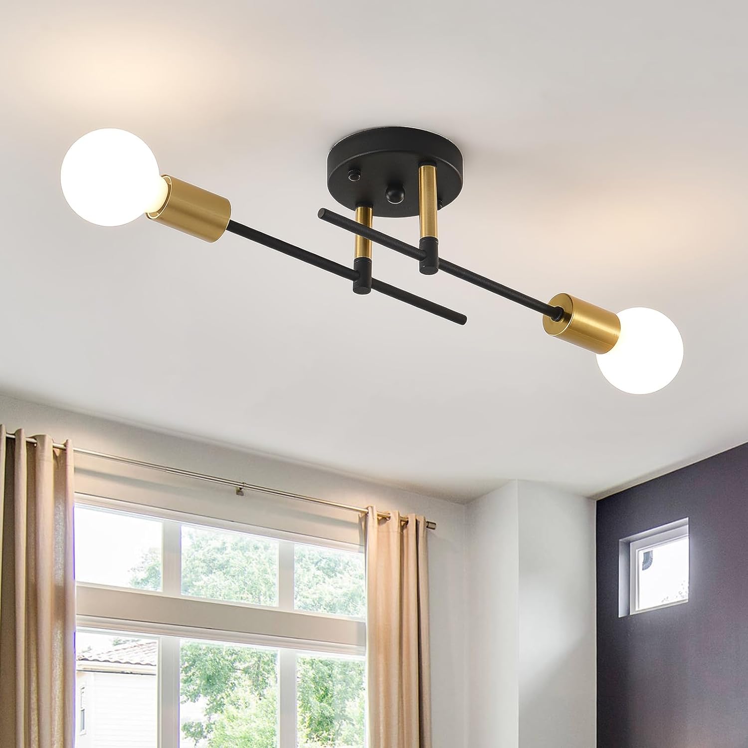 Sputnik Chandelier, Adjustable Arm 2-Light, Industrial E27 Semi-Flush Mount Ceiling Lights Fixture, Ceiling Lighting Fixtures for Living Room, Bedroom, Bathroom, Hallway Foyer Kitchen (2-Light)