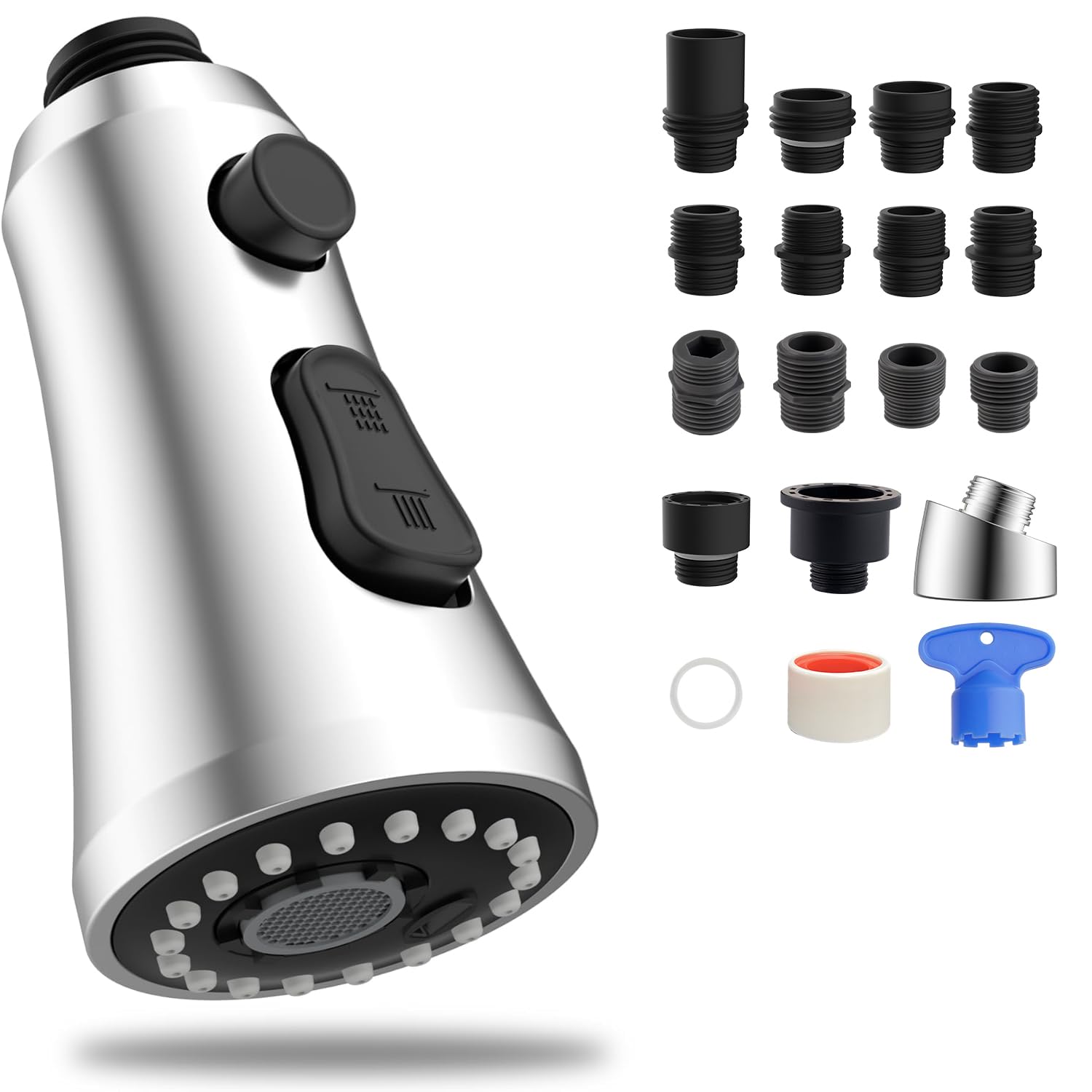 Photo 1 of Hibbent Pull Down Kitchen Faucet Head Replacement, 3-Function Kitchen Sink Spray Nozzle with 15 Adapters, Compatible with Moen, American Standard, Delta, Kohler Faucets, Chrome