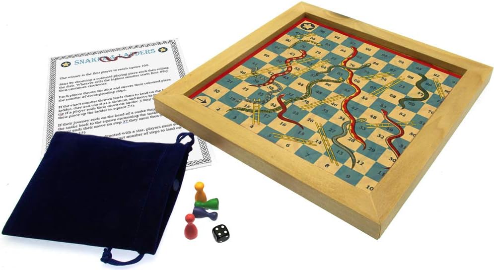 Brimtoy Handmade Snakes & Ladders Traditional Wooden Board Game, Strategy Board Game for 2-4 Players Ages 8+, Family Game