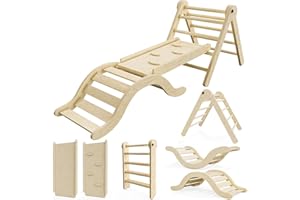 bbgroundgrm Pikler Triangle Set Climber 5 in 1, Toddler Climbing Toys Indoor Folding with Ramp & Arch for Montessori Play Gym