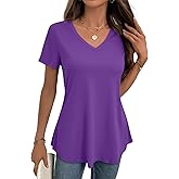 JUSTFASHIONNOW Women's Short Sleeve Flowy V Neck Tunic Tops for Leggings Loose Fit Dressy Casual Summer Beach Basic T Shirts