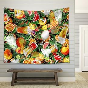 Summer Cocktails.Watercolor Seamless Pattern. - Fabric Wall Tapestry Home Decor - 51x60 inches