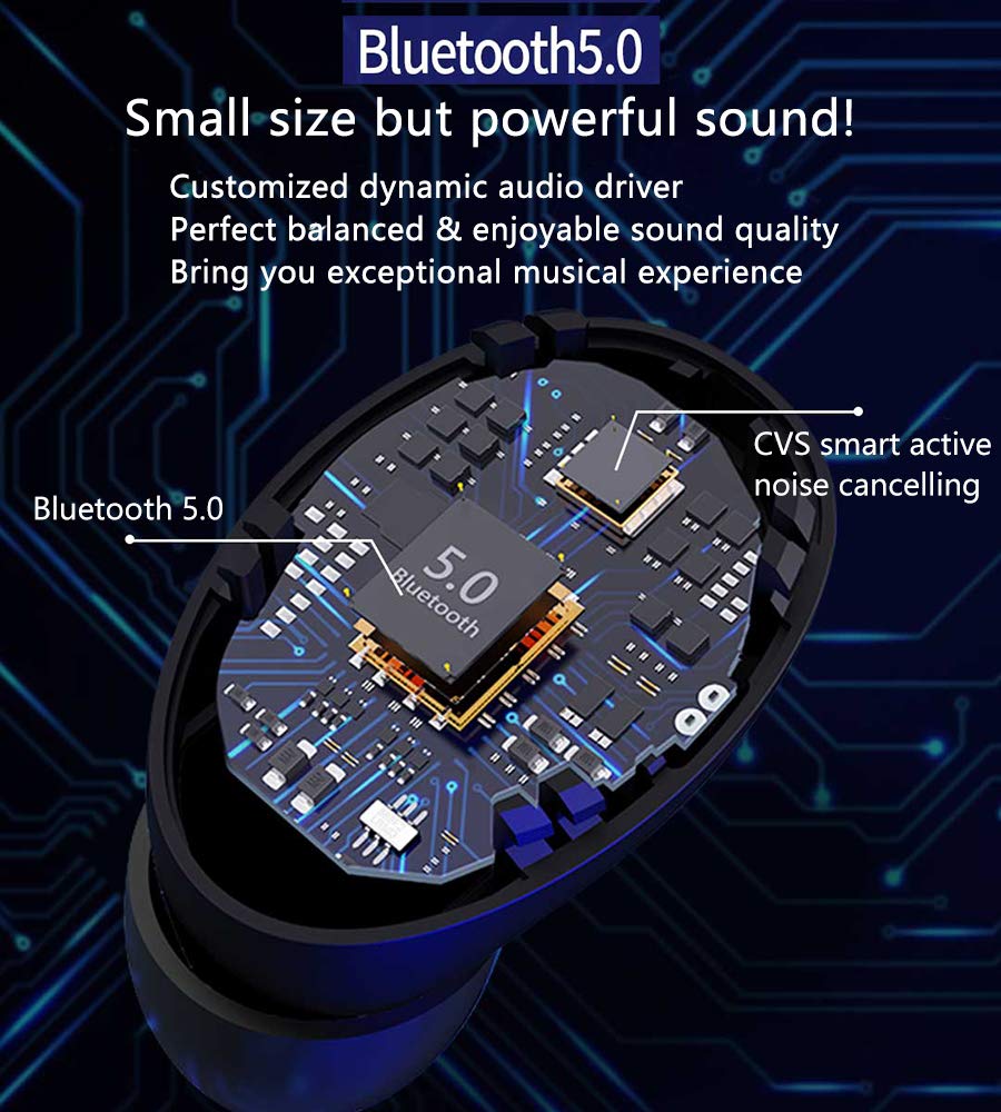 TWS Wireless-Earbuds Bluetooth 5.0 Headphones with Charging-Case, True Stereo Waterproof Noise-Cancelling, 6H Playback Time / 40H Cycle Playing Time, in-Ear Wireless Bluetooth Earbuds with Microphone