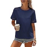 BLENCOT Womens Shirts Short Sleeve Business Tunic Summer Tops Spring Fashion Loose Eyelet Knitted Tee Shirts Going Out