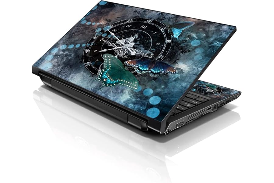 LSS 17 17.3 Inches Laptop Notebook Skin Sticker with 2 Wrist Pads - Reusable Cover Protector Vinyl Sticker Cover Decal Fits 17" - 19" HP Asus Acer Samsung - Clock Butterfly Time