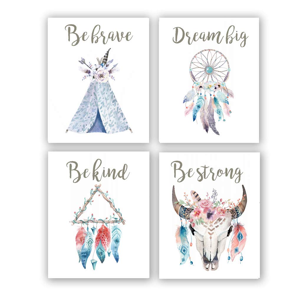 UKART Set of 4 Inspirational Quote Boho Tribal Art Print,Dreamcatcher Feathers Flowers with Bohemian Wall Art Printing,Motivational Canvas Poster for Kid's Room Decor(No Frame,8"X10")