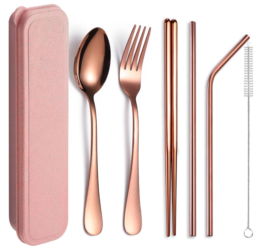 XIAOYU 6 Pieces Portable Reusable Cutlery Set, Stainless Steel Flatware Set, Travel Utensils Set, Includes Chopsticks/Fork/Spoon/Straws/Cleaning Brush, Rose Gold