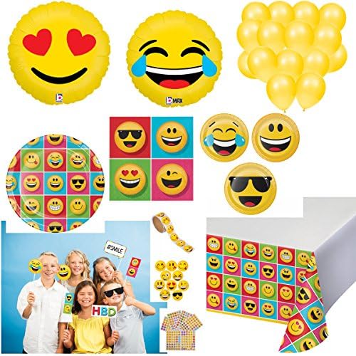 Bombay Bongo Emojis Birthday Party Supplies Decorations for 16 - Plates Napkins Tablecloth Photo Props Balloons Stickers Bundle of 78 Items