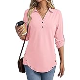 TICTICMISS Women's 3/4 Length Rolled Sleeve Tunic Tops Collared V Neck T Shirts Both Side Buttons Blouses