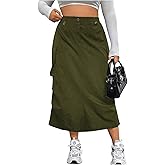 OYOANGLE Women's Plus Size Elastic High Waist Cargo Skirt Casual Solid Midi Skirts