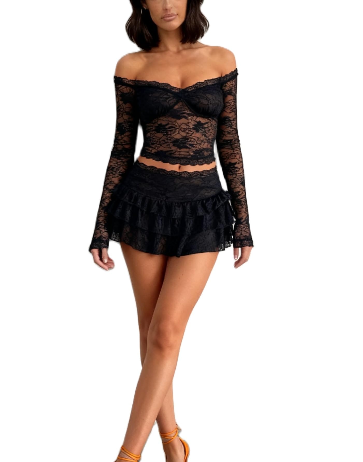 Photo 1 of Passec 2 Pieces Mini Skirt Set for Women Elegant Lace Crop Top Bodycon Skirts Sheer Mesh Y2K Matching Sets(A Elegant Off Shoulder Black, S
