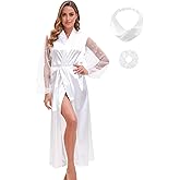 EPLAZA Bride Robe for Wedding Day Set Bridal Robe with Pearl Silky Satin Long Length Kimono for Wedding Bridal Party