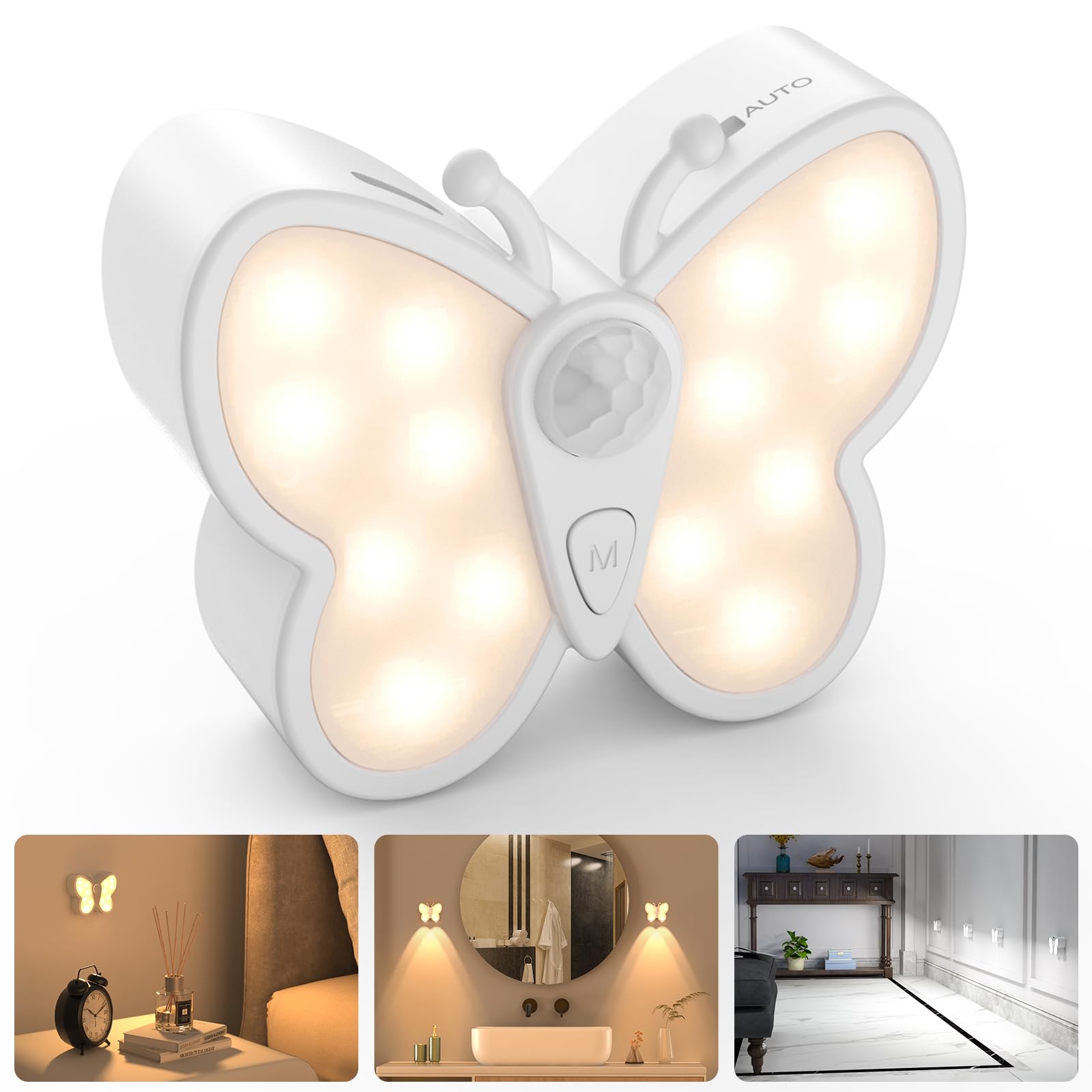 Motion Sensor Light, Rechargeable Butterfly Night Light with Auto/ON/Off and Removable Magnet, Stick on Lights for Kids, Bedroom, Stair, Hallway — image 1