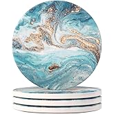 Lahome Marble Style Coasters - Round Drinks Absorbent Stone Coaster Set with Ceramic Stone and Cork Base for Kinds of Mugs and Cups (Blue, 4)
