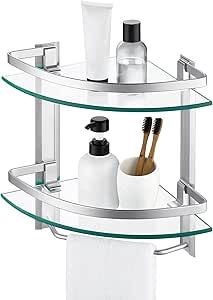 KES Estanteria Baño con Toallero de Barra Estante Baño Cristal Estante Vidrio Baño Esquina Extra Grueso Double Templado de Vidrio 8mm Montaje en Pared ...