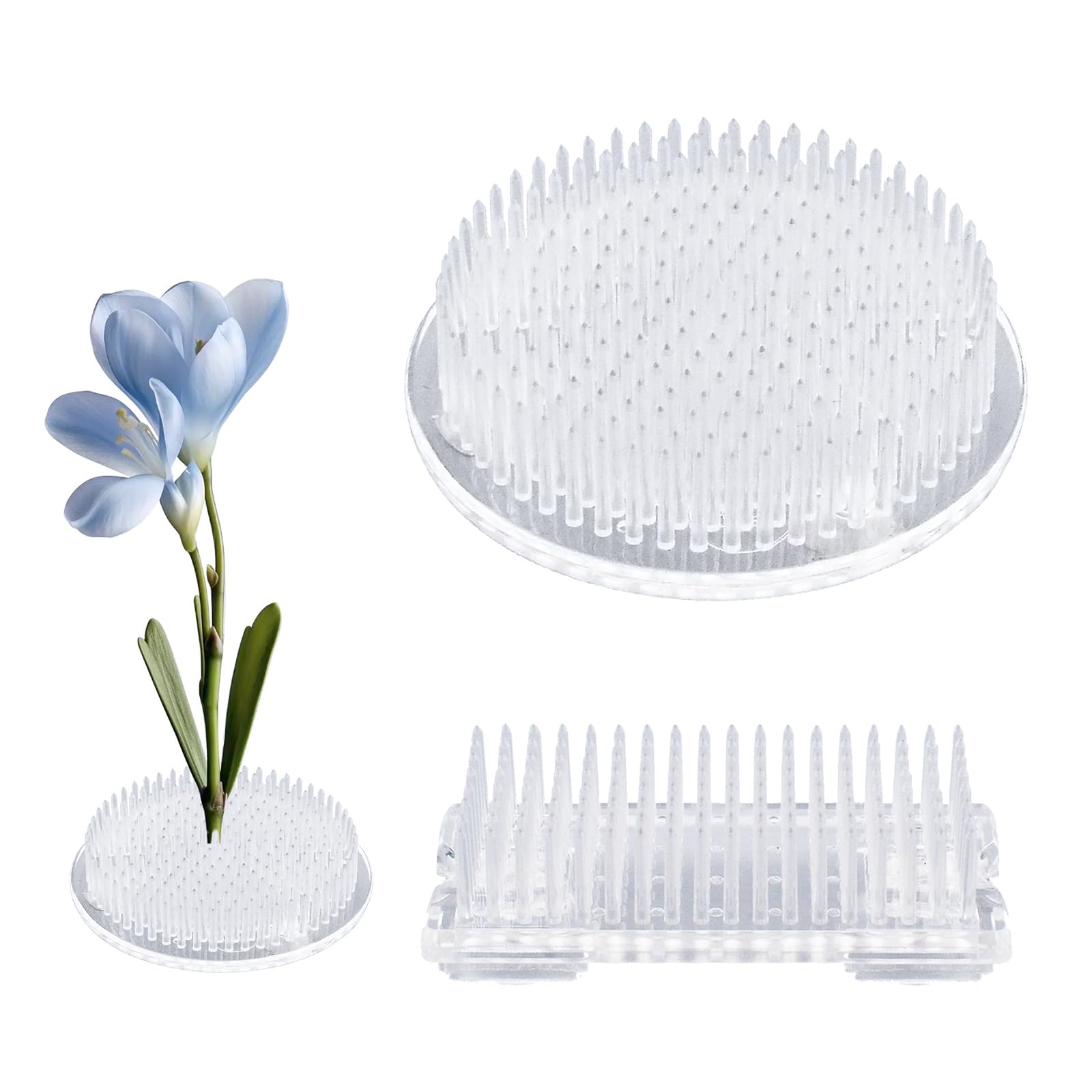 WANDIC 2Pcs Flower Frog, Round Rectangle Clear Plastic Ikebana Kenzan Frog Japanese Holder with 3 Suckers for DIY Flower Craft — image 1