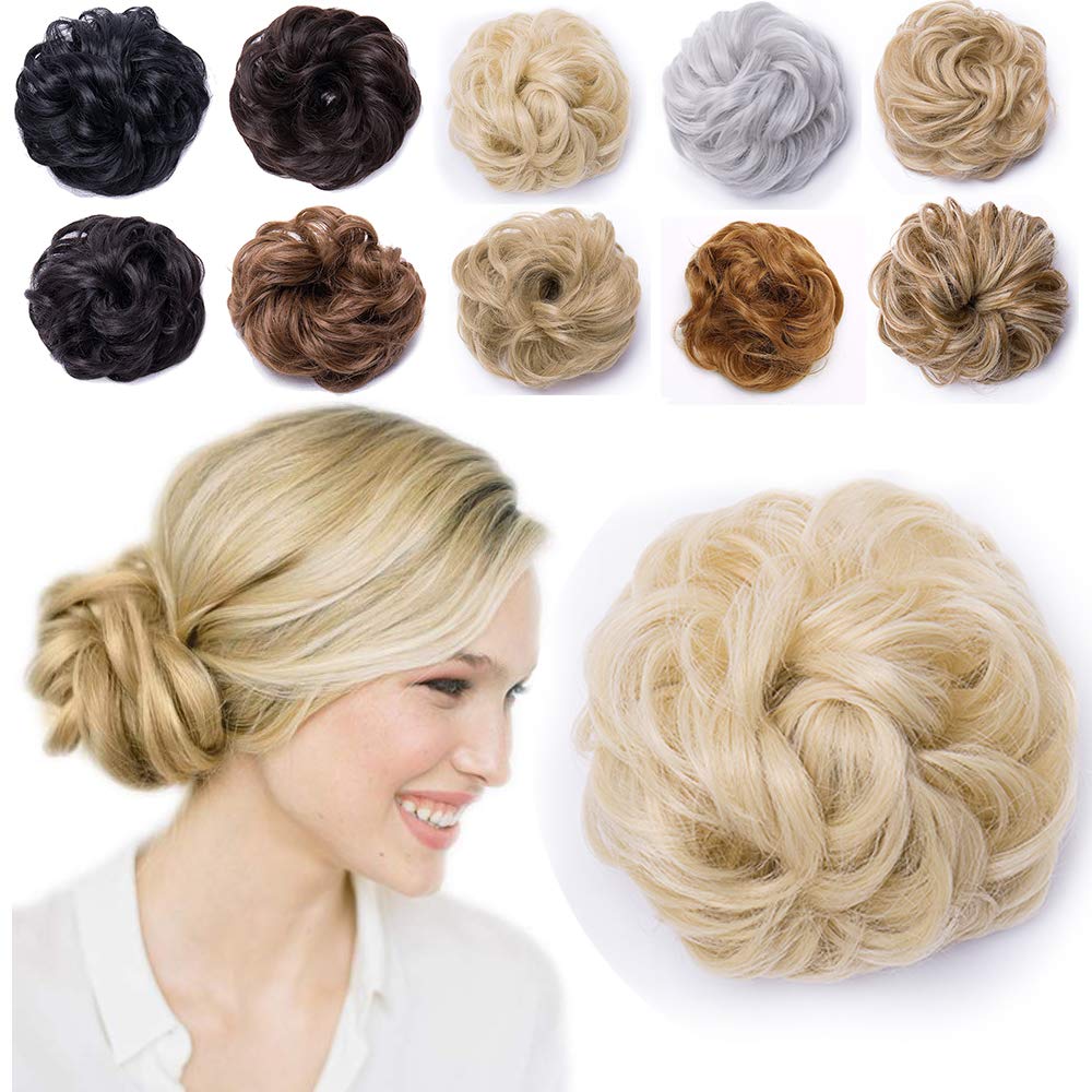 Messy Updo Hairpiece Scrunchy Scrunchie Hair Bun Extension [Honey Blonde & Bleach Blonde] Curly Hair Ribbon Ponytail Extensin Donut Hair Chignons