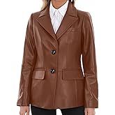 SILVER FASHIONS Lambskin Leather Jacket Women,Long Sleeve Button Front Leather Blazer,Notched Lapel Casual Style,Vent Detail
