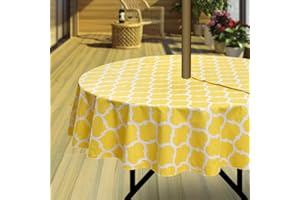 Hipinger Vinyl Round Tablecloth with Zipper and Umbrella Hole, Outdoor Oil Waterproof Stain Resisteant PVC Table Cover for Party, Picnic and Patio 60 Inch Round, Yellow Moroccan