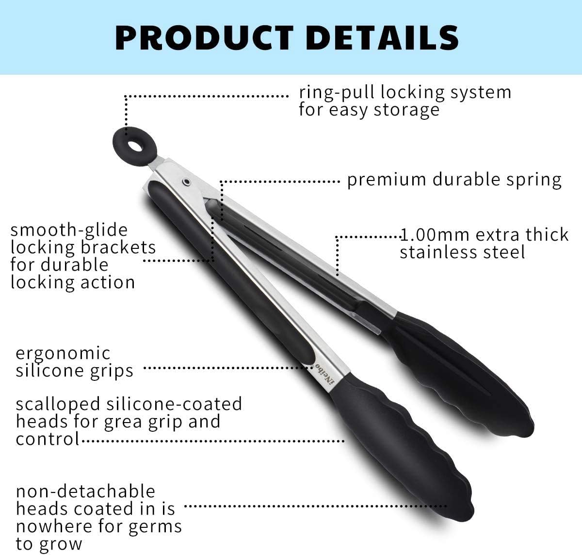 iNeibo Kitchen Tongs - 12'' Non-Slip Smart Locking Stainless Steel Cooking Tongs with Silicone Tips for Grilling BBQ Serving Salad Ice - Image 5
