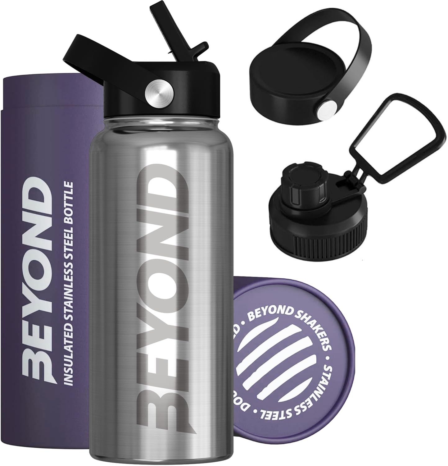 Beyond Premium Vacuum Insulated Stainless Steel Double Walled Stainless Steel Water Bottle 1000ml Wide Mouth Sports Drink Flask BPA Free (Brushed Steel)