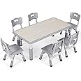 Arlopu Kids Study Table and 6 Chairs Set, Height Adjustable Graffiti Table, Preschool Activity Art Craft Table for 6, Multifunctional Toddler Table, Reading, Drawing, Eating Interaction (Gray)