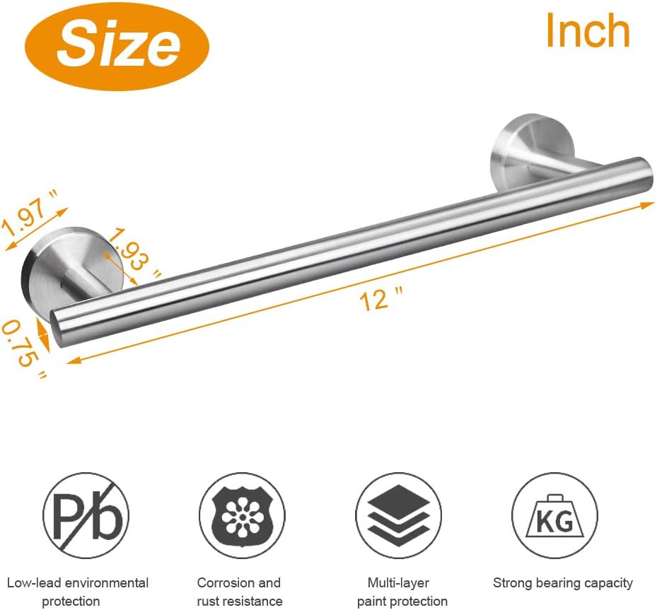 TocTen Bath Towel Bar - Thicken SUS304 Stainless Steel Towel Rack for Bathroom with 4 S Hooks, Bathroom Accessories Towel Rod Heavy Duty Wall Mounted Towel Holder (12IN, Brushed Nickel): Kitchen & Dining