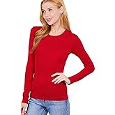 Women's Basic Solid Lightweight Soft Cotton Long Sleeve Crew Neck & V Neck Slim Top Shirts Plus (S-2XL)