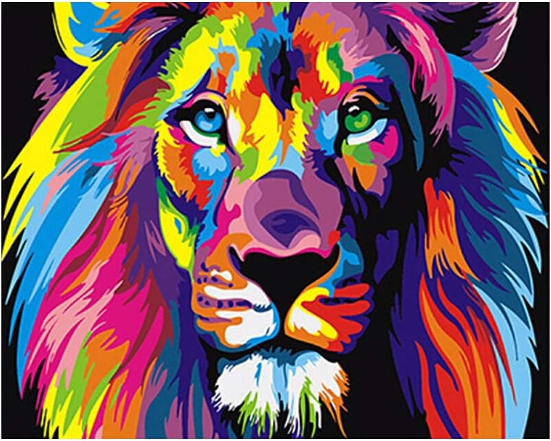 Oil Paint by Numbers for Adults Beginner Kids, Colorful Animals Tiger Cat Lion 16x20 Inch Linen Canvas Acrylic DIY Digital Number Painting Kits with 3 Pcs Paint Brushes Wall Art Decor Gifts (Lion)