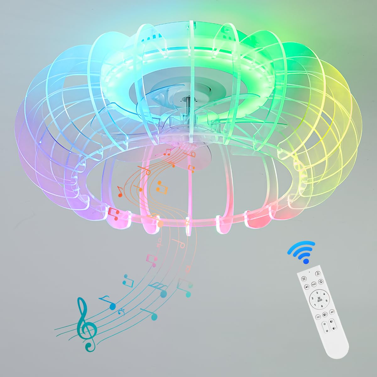 Photo 1 of RGB Bladeless Ceiling Fan with Light and Remote LED Smart Low Profile Ceiling Fans Bluetooth Enclosed 6 Speed Color Changing Fans with Speaker for Bedroom Living Room Kids Room 21"