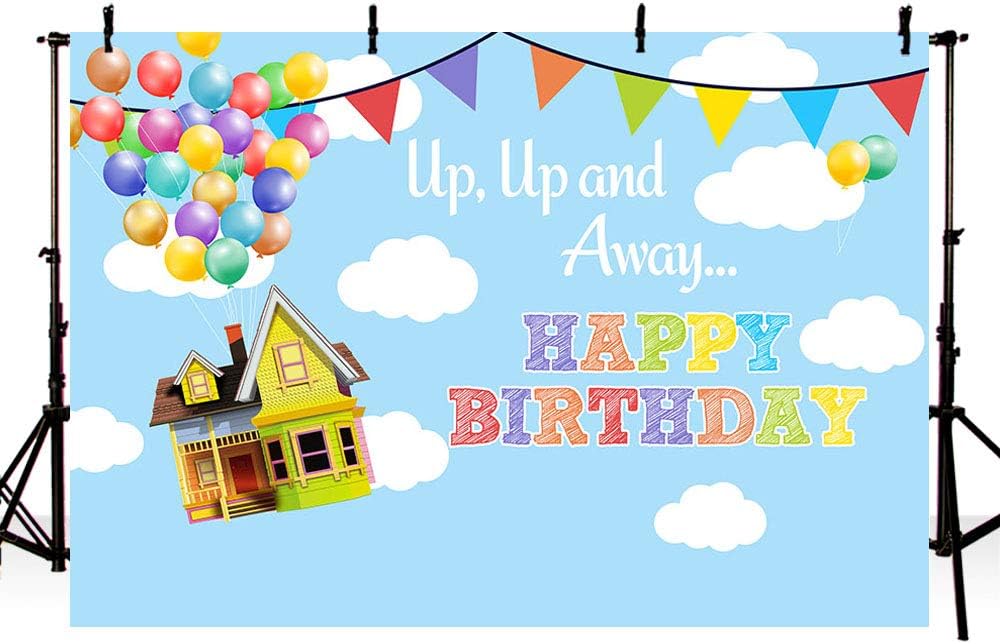 Amazon Com Mehofoto Up Birthday Party Photo Studio Backdrop Props Boy Adventure Happy Birthday Up Up And Away Balloons Party Decorations Blue Sky And White Clouds Photography Background Banner 7x5ft Toys Games