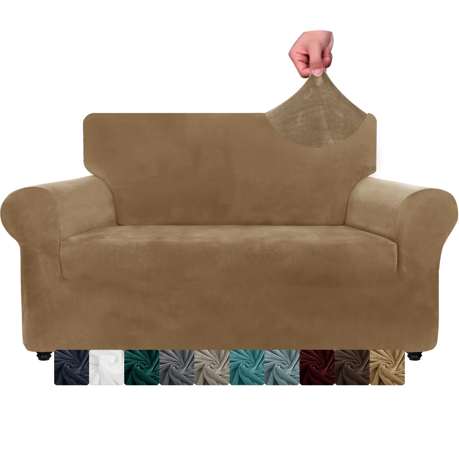 CHELZEN Velvet Couch Covers 2 Seater Thick Stretch Sofa Covers for Dogs Pets Non-Slip Love Seat Couch Slipcover Washable Furniture Protector for Living Room (2 Seater, Camel) — image 1