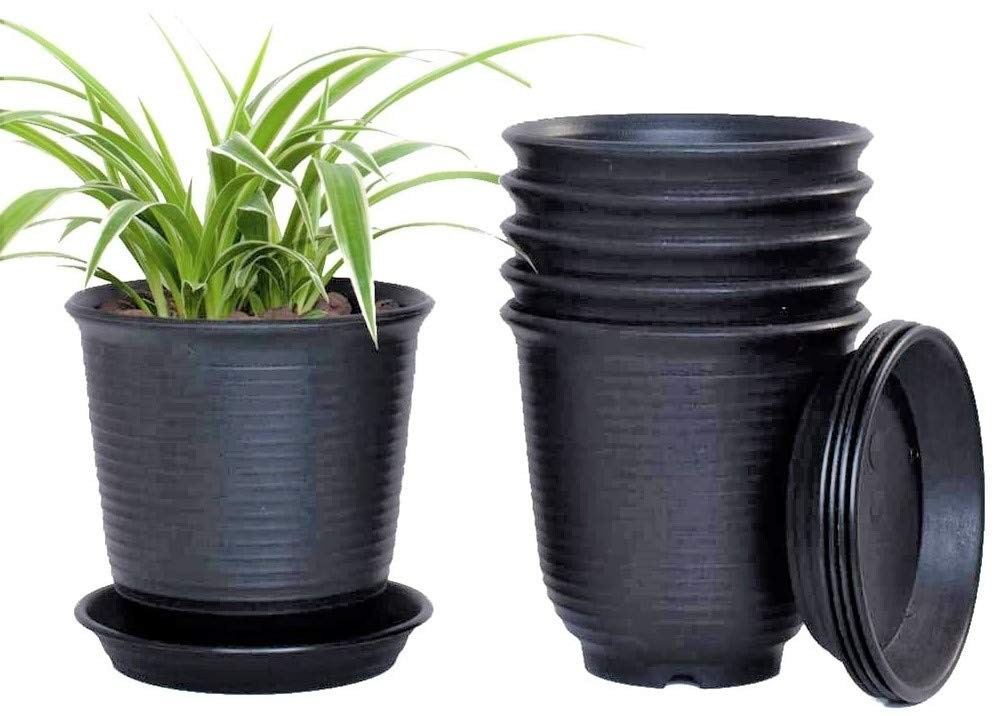 KAHEIGN 6Pcs Plastic Flower Pots, 15.5cm Thicken Plant Pots Plant Container Indoor Gardening Pot with Drainage Pallet (Black)