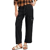 Cicy Bell Womens Cotton Cargo Pants Low Rise Drawstring Waist Wide Leg Casual Hiking Pants with Multiple Pockets